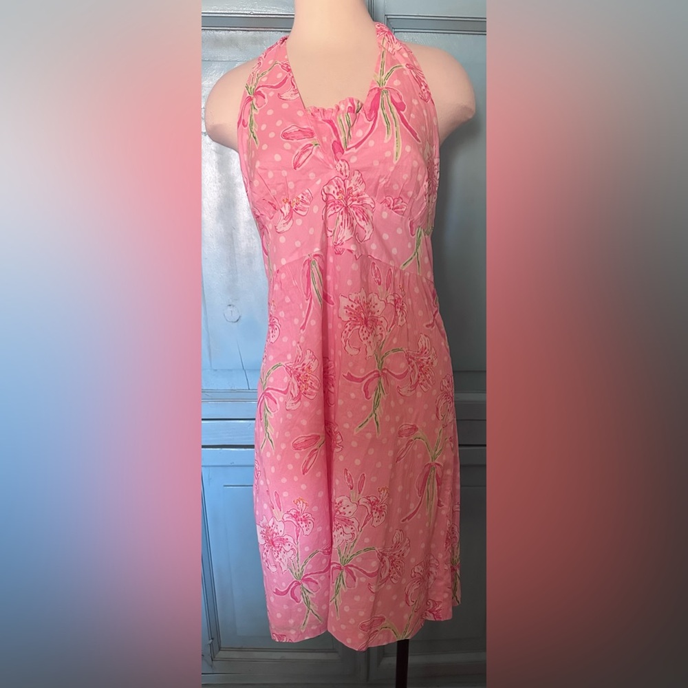 Lilly Pulitzer Pink Backless Dress with Floral Design and Tie at Neck